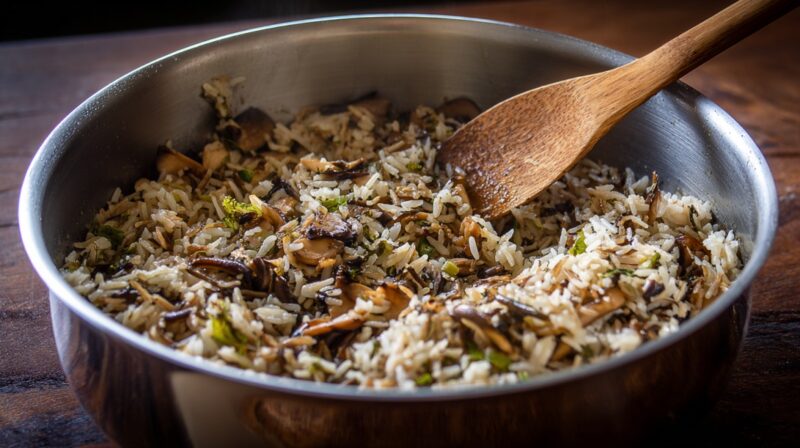 Pan filled with cooked rice and sautéed mushrooms being mixed with a wooden spoon