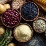 Assorted vegetables, legumes, grains, and potatoes on a table