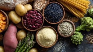 Assorted vegetables, legumes, grains, and potatoes on a table