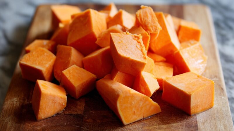 Freshly peeled and cubed sweet potatoes on a cutting board