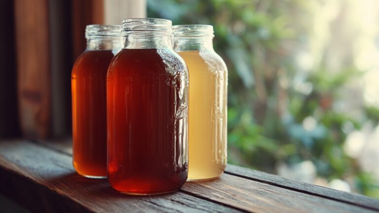 Jars of homemade tea showing colors similar to popular kombucha brands on a wooden table