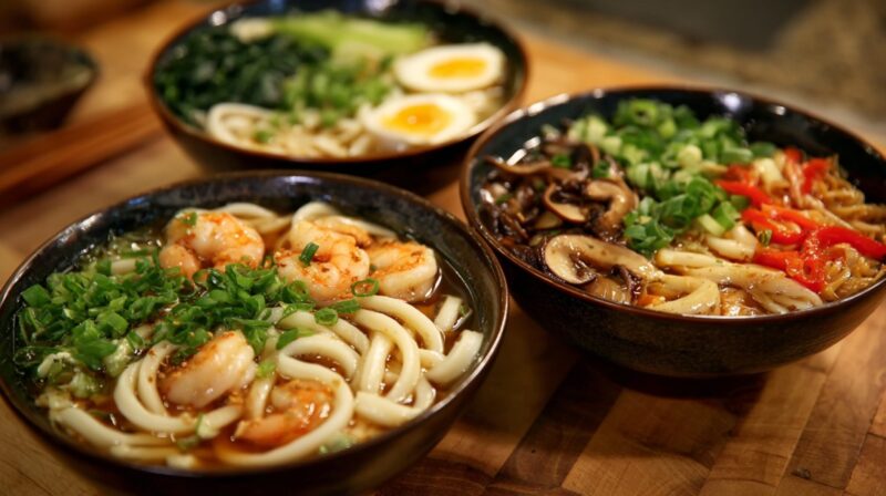 Bowls of udon noodles topped with shrimp, vegetables, eggs, and mushrooms