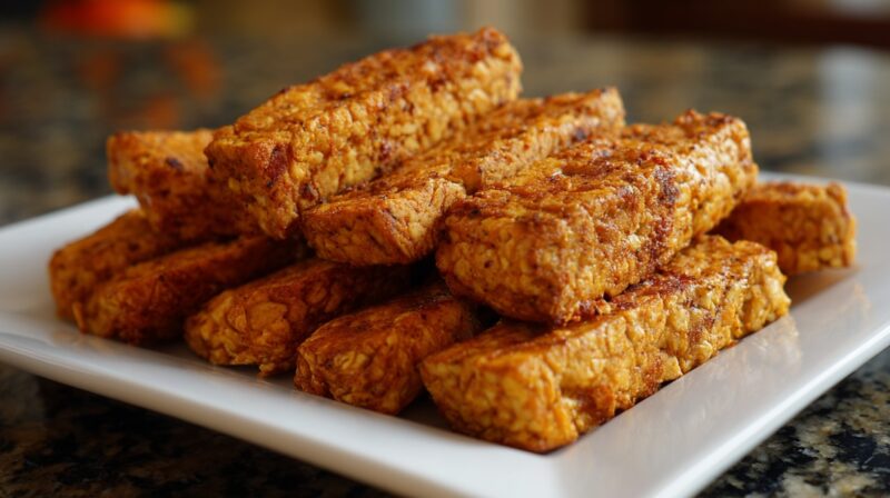 Cooked tempeh slices roasted until golden brown and slightly crispy on a plate