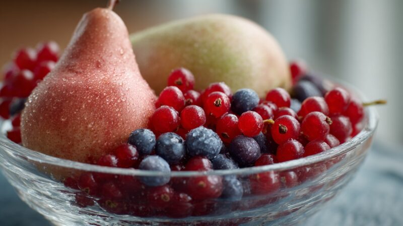 Pear, apple, and mixed berries including red currants and blueberries in a glass bowl