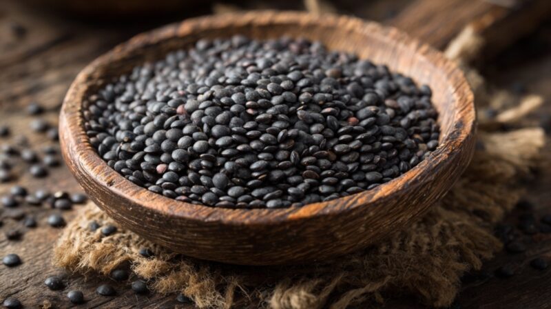 Wooden bowl filled with small black lentils on a rustic surface