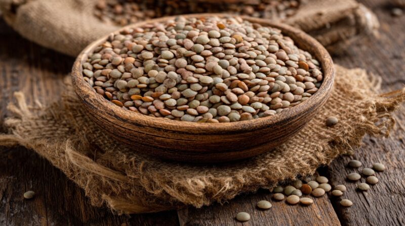 Wooden bowl filled with dry brown lentils on a rustic surface