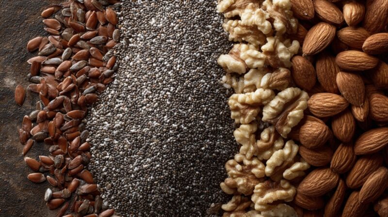 Close-up of chia seeds, flaxseeds, almonds, and walnuts arranged side by side