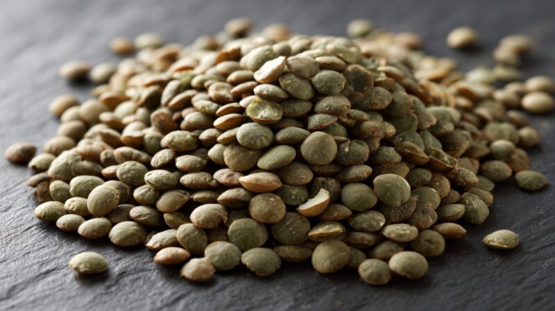 Pile of small French green lentils on a dark surface