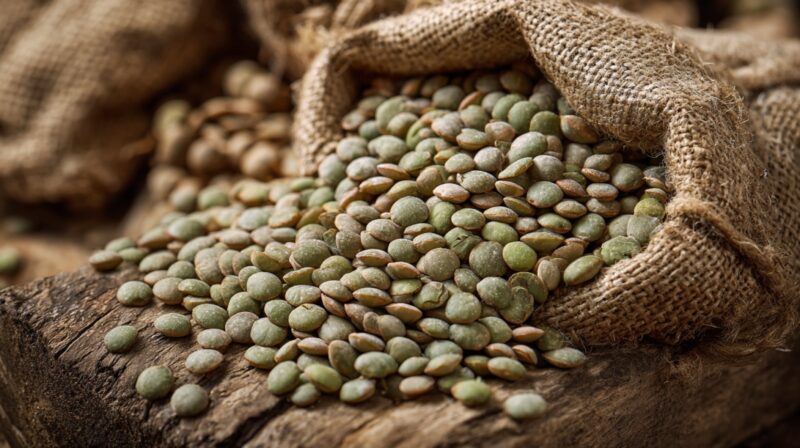 Green lentils scattered from a burlap sack onto a wooden surface
