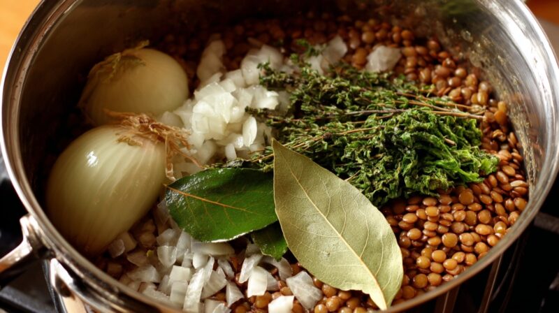 Pot of lentils with onions, bay leaves, and herbs being prepared for cooking