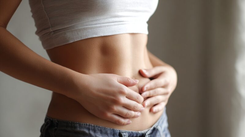 A person holding their stomach, suggesting mild bloating or digestive discomfort