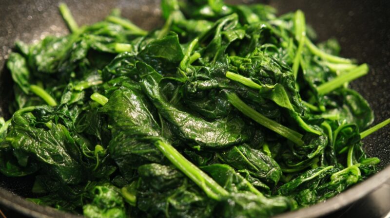 Fresh spinach leaves cooked in a pan until wilted and glossy