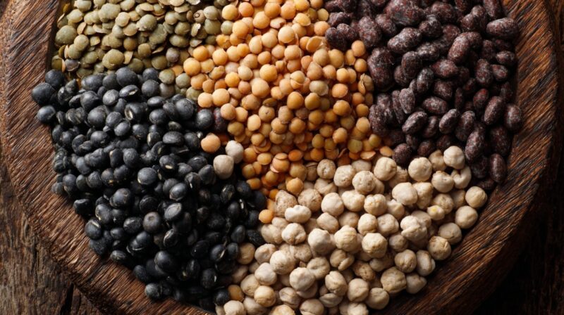 Assorted lentils, chickpeas, and beans arranged in sections in a wooden bowl
