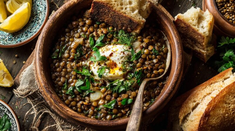 Bowl of cooked lentils with herbs and a soft egg served with rustic bread