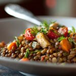 Bowl of cooked lentils mixed with vegetables and herbs