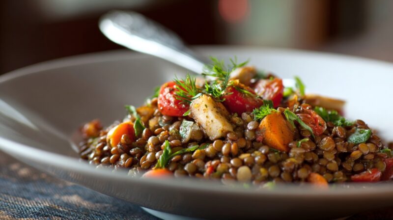 Bowl of cooked lentils mixed with vegetables and herbs