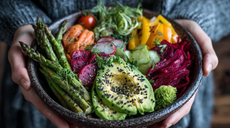 A bowl filled with colorful vegetables, avocado, and seeds held in hands