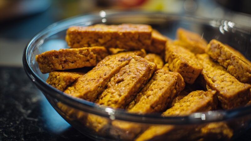 Marinating for FlavorSliced tempeh pieces in a bowl, ready for cooking or marinating
