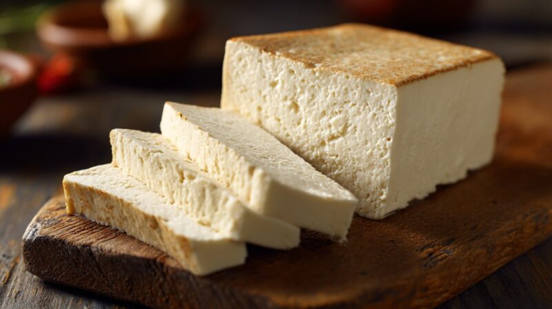 Block of tofu sliced on a wooden cutting board