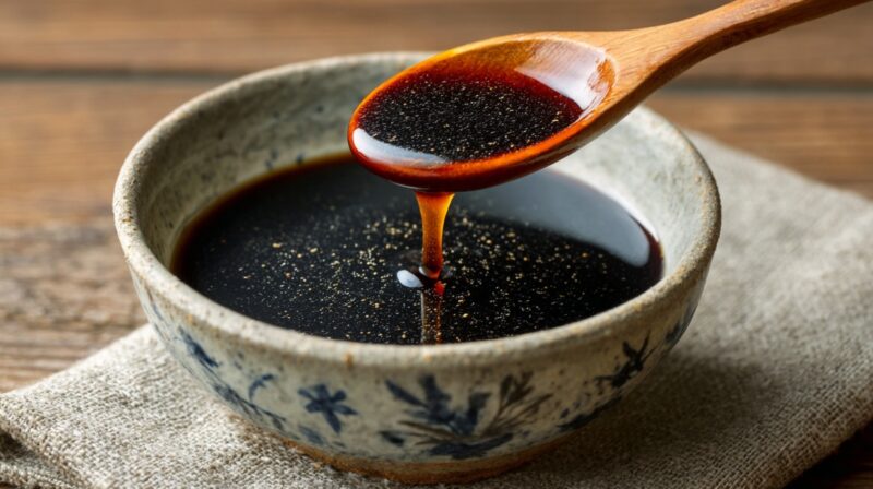 A spoon dripping dark umami sauce over a bowl, ready for marinating