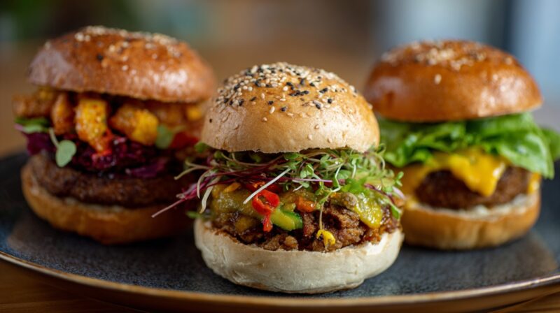 Three vegan burgers with buns, vegetables, and plant-based patties on a plate
