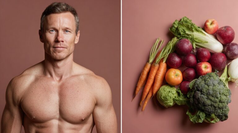 A fit man on one side and a variety of fruits and vegetables on the other side