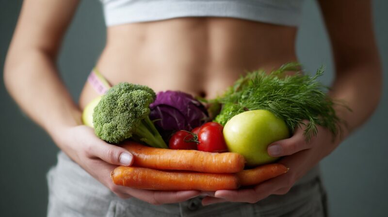 Person holding a variety of vegetables and fruits including carrots, broccoli, tomatoes, and apple
