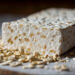 A block of tempeh with visible soybeans, surrounded by loose grains on a surface
