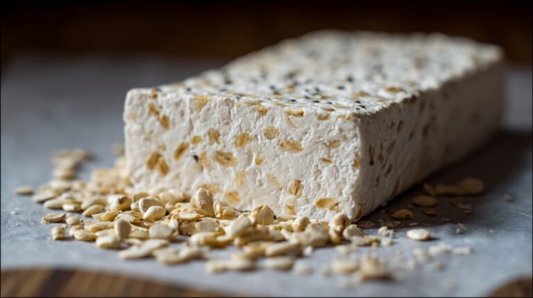 A block of tempeh with visible soybeans, surrounded by loose grains on a surface