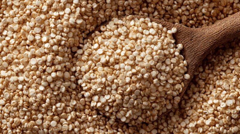 Close-up of quinoa grains with a wooden spoon scooping them