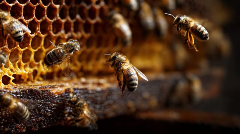 Close up of bees flying and crawling on a honeycomb structure