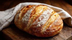 A golden-crusted artisan sourdough loaf dusted with flour on a rustic wooden cutting board
