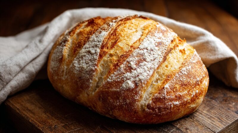 A golden-crusted artisan sourdough loaf dusted with flour on a rustic wooden cutting board