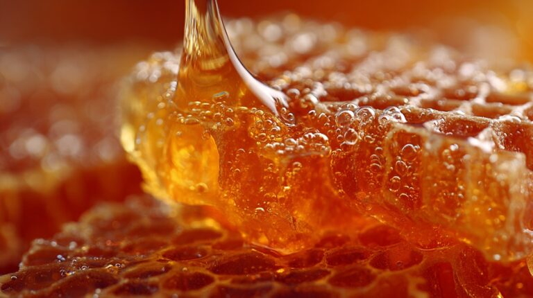 Close up of honey flowing over textured honeycomb cells