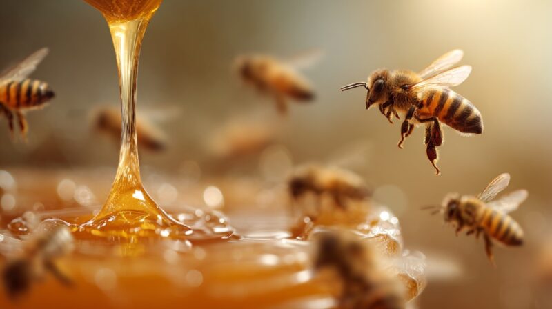 Close up of bees flying near golden honey dripping into a pool