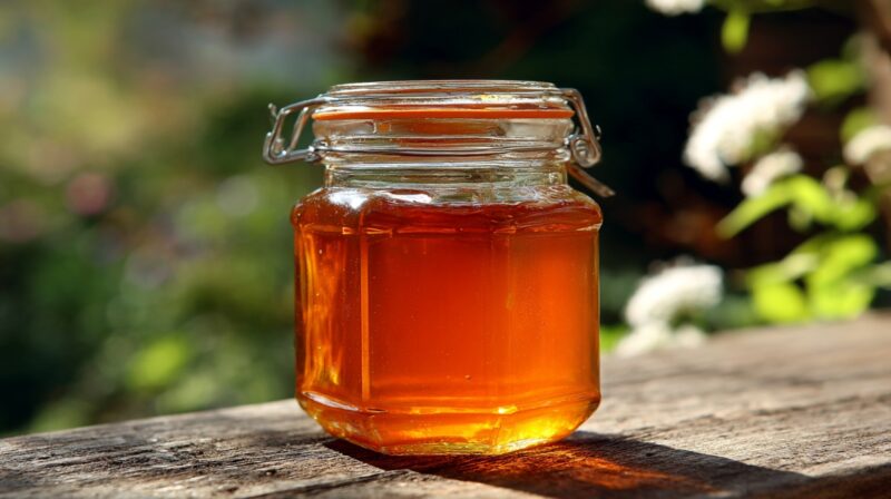 Glass jar filled with honey placed on a wooden surface outdoors