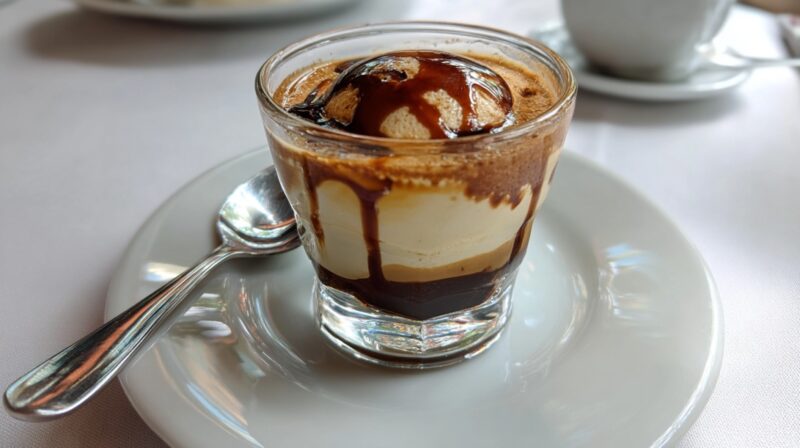 Glass of affogato with vanilla ice cream topped with espresso and chocolate sauce on a white plate