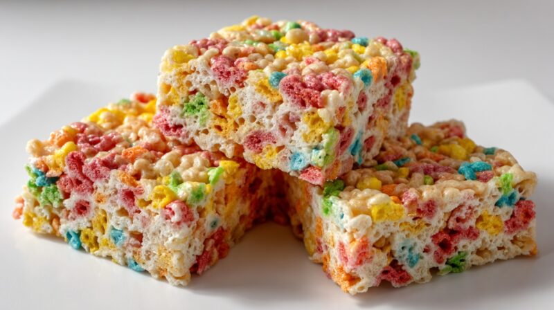 Stacked cereal treat squares made with colorful fruity cereal and marshmallow mixture on a white plate