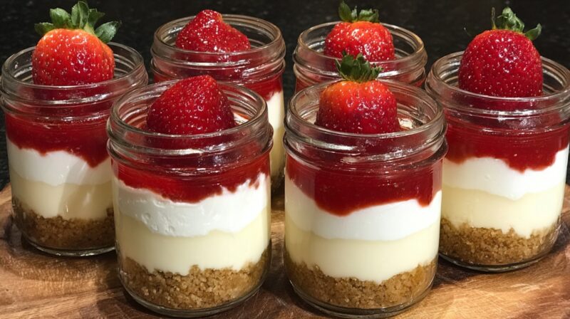Individual no bake cheesecake jars layered with graham cracker crumbs, creamy cheesecake filling, whipped topping, strawberry sauce, and fresh strawberries