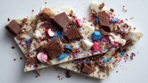 Pieces of white chocolate bark topped with chocolate chunks, colorful candies, sprinkles, and crunchy mix-ins