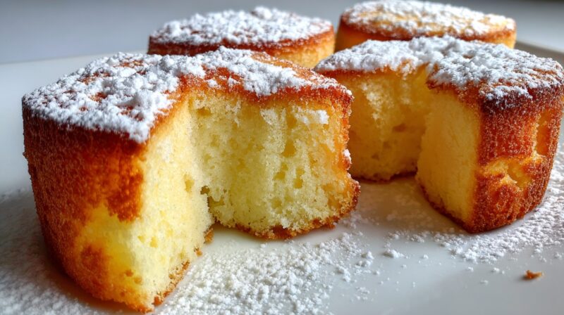 Mini pound cake shortcakes dusted with powdered sugar on a white plate, showing a soft and fluffy interior.