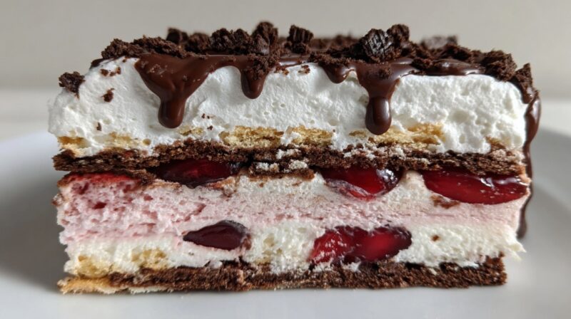 Close-up cross section of a layered no-bake dessert with whipped cream, berries, cookie layers, and chocolate topping